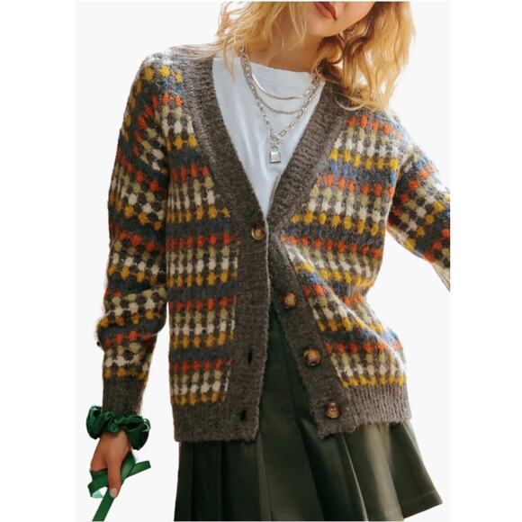 BLU PEPPER Diamond Print Button Front Cardigan Wool Blend Multicolor Womens Sz L - Picture 1 of 8